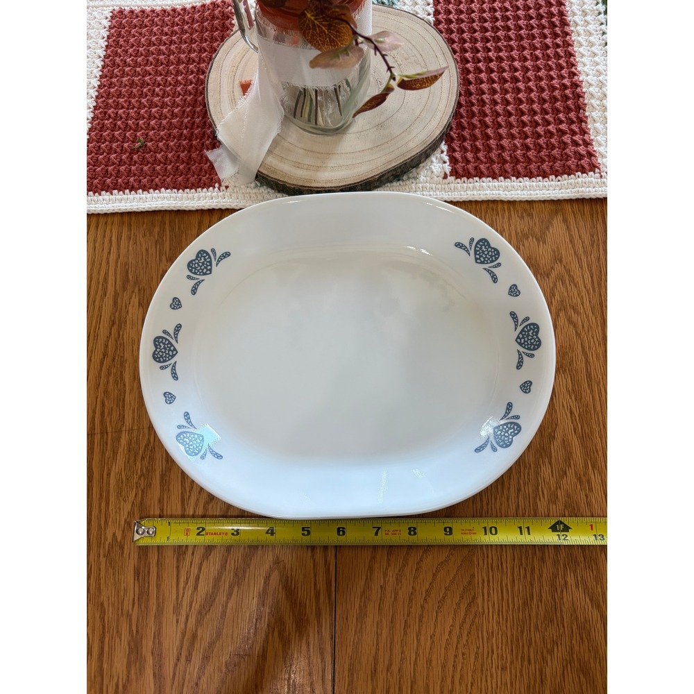 Corelle Folk Stitch Oval Serving Platter Blue Hearts White Vitrelle Glass 12in